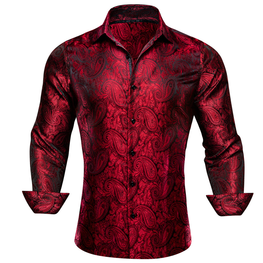Barry. Wang Mens Burgundy Dress Shirt Paisley Silk Long Sleeve Button Down Formal Shirt