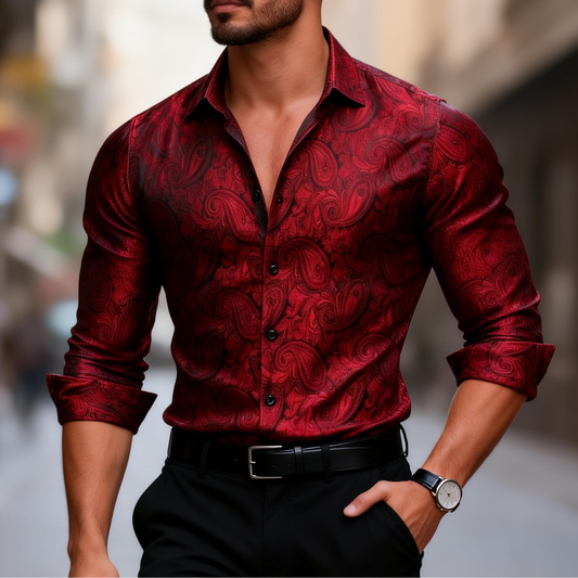 Barry. Wang Burgundy Paisley Dress Shirt Silk Long Sleeve Button Down Formal Shirt