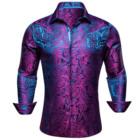 Barry.Wang 2pcs Mens Shirts Purple Paisley Shirt Silk Shirt