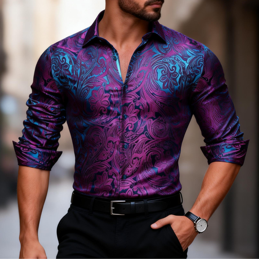 Barry. Wang Mens Purple Dress Shirt 70s Disco Paisley Shirt Button Down Long Sleeve Tops