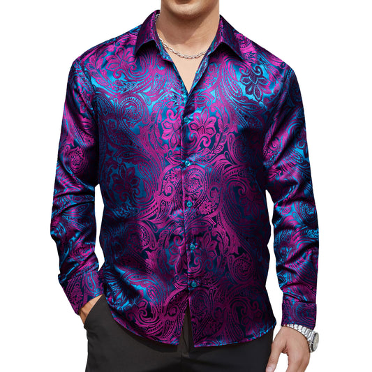 Barry. Wang Mens Purple Paisley Dress Shirt Jacquard Casual Party Long Sleeve Shirt