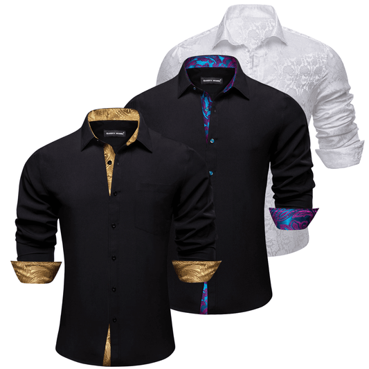 Barry.Wang 3pcs Mens Dress Shirts Black White Construct Shirt Silk Shirt