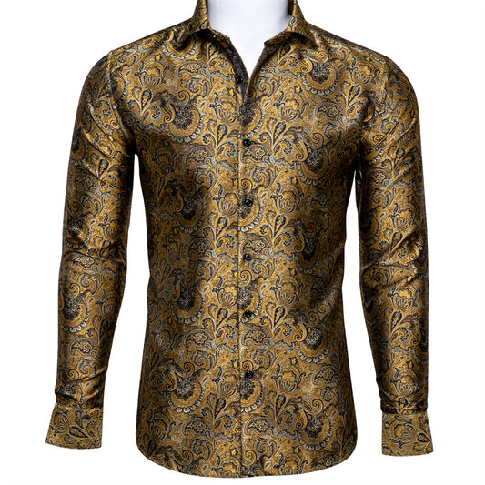 Barry. Wang Mens Gold Dress Shirt Paisley Silk Long Sleeve Button Down Shirt