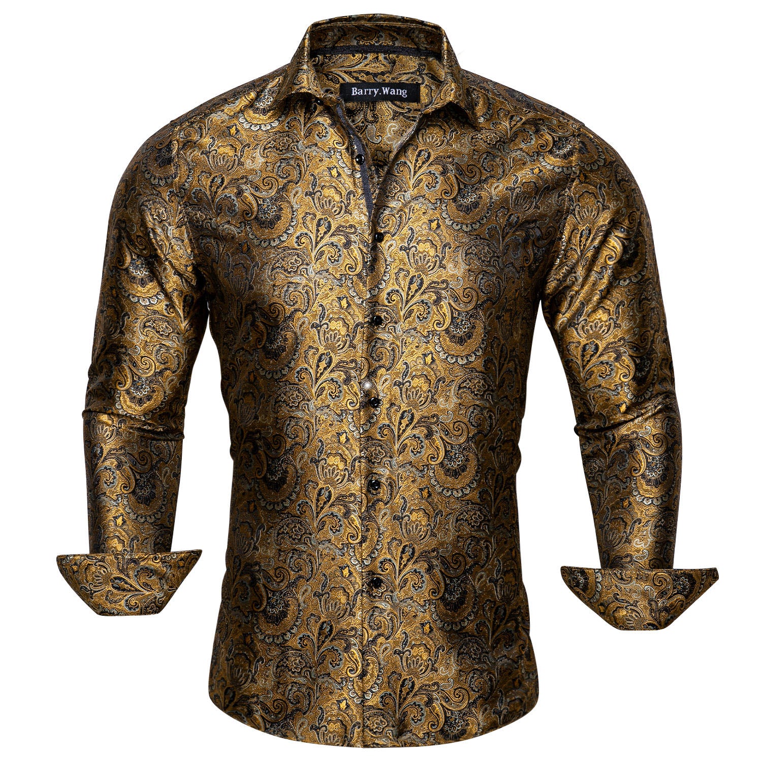Barry. Wang Mens Gold Dress Shirt Paisley Silk Long Sleeve Button Down Shirt