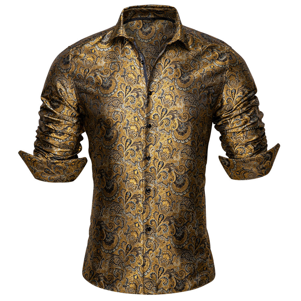 Barry. Wang Mens Gold Dress Shirt Paisley Silk Long Sleeve Button Down Shirt, S Barry. Wang Mens Gold Dress Shirt Paisley Silk Long Sleeve Button Down Shirt, S