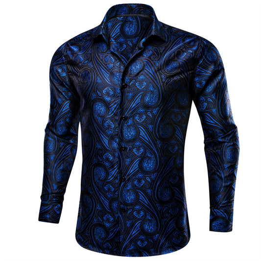 Barry. Wang Mens Western Shirt Black Navy Blue Paisley Long Sleeve Button Down Dress Shirt