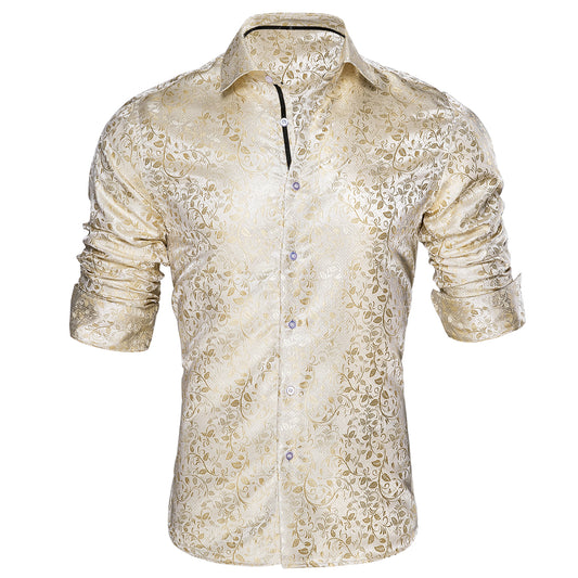 Barry. Wang Mens Champagne Formal Shirt Floral Wrinkle Free Long Sleeve Button Down Shirt