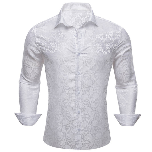 Barry.Wang 3pcs Men Dress Shirts Brown White Paisley Floral Shirt Silk Shirt