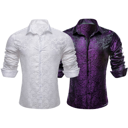 Barry.Wang 2Pcs Men Shirts Silk White Purple Paisley 70s Disco Long Sleeve Shirts