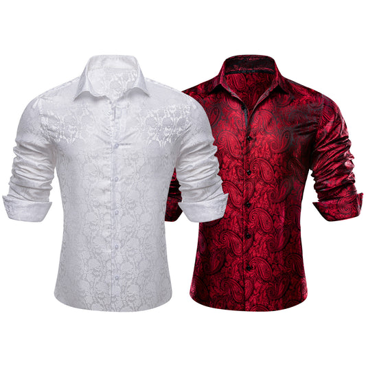 Barry.Wang 2Pcs Men Shirts Silk White Burgundy Paisley 70s Disco Long Sleeve Shirts