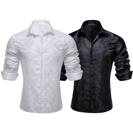 Barry.Wang 2pcs Men Dress Shirts White Black Paisley 70s Disco Shirt Silk Long Sleeve Shirt