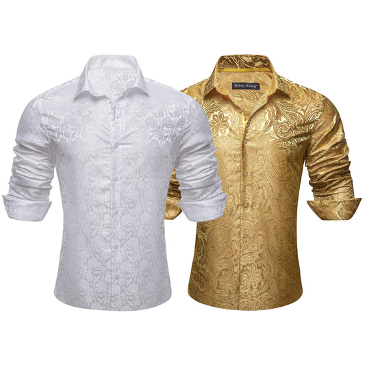 Barry.Wang 2pcs Men Dress Shirts White Gold Paisley 70s Disco Shirt Silk Long Sleeve Shirt
