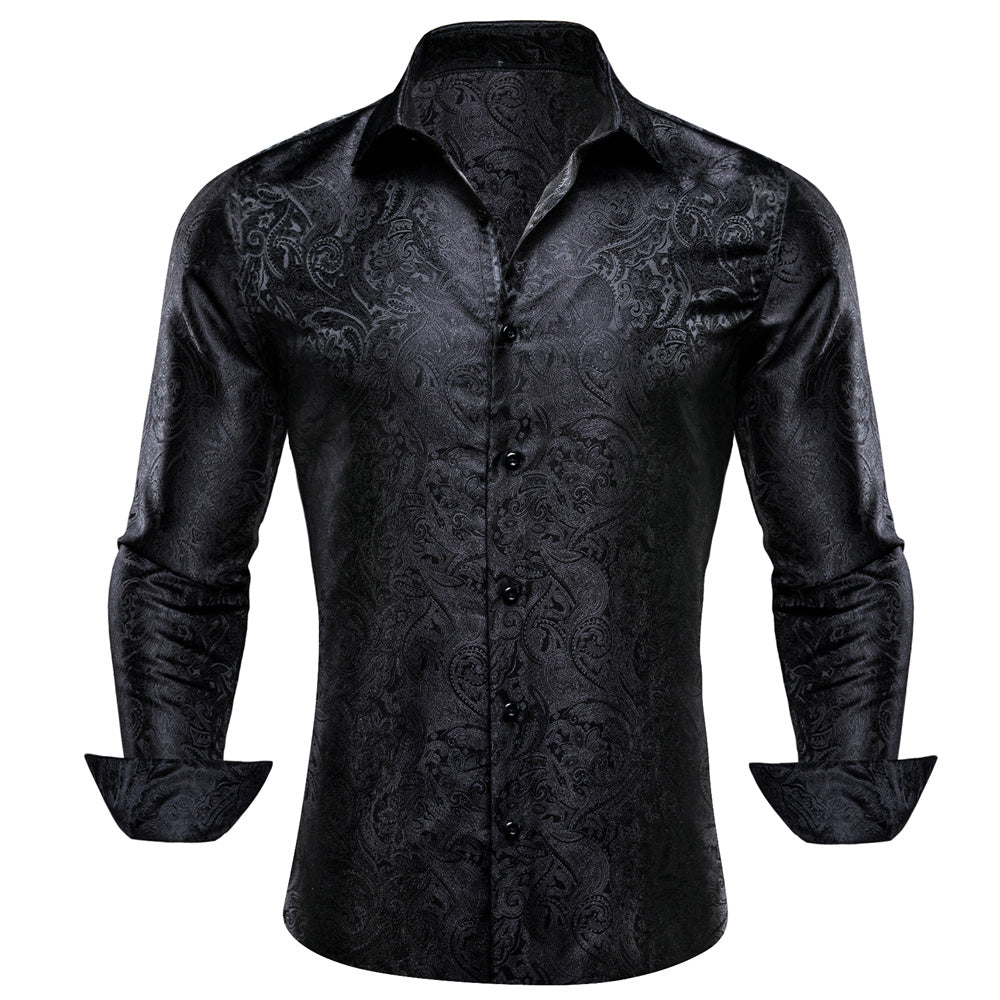 Barry. Wang Mens Paisley Casual Shirt Black Silk Long Sleeve Button Down Shirt for Party