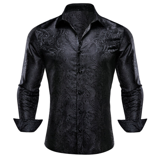 Barry. Wang Mens Paisley Casual Shirt Black Silk Long Sleeve Button Down Shirt for Party