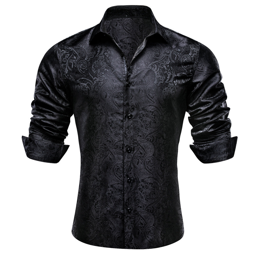 Barry. Wang Mens Paisley Casual Shirt Black Silk Long Sleeve Button Down Shirt for Party