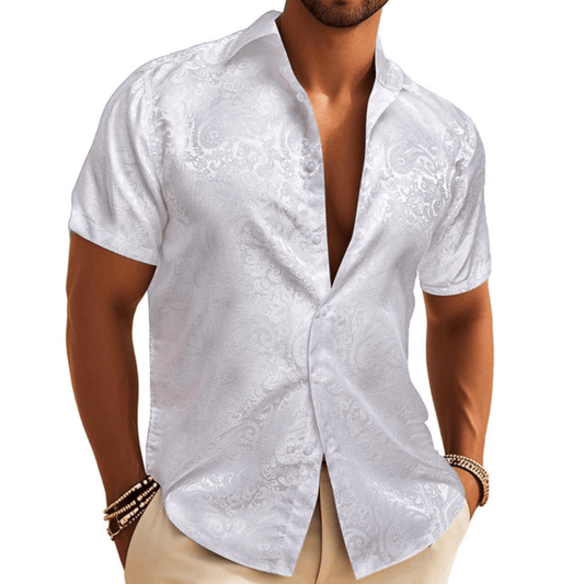Barry. Wang Mens White Button Down Shirt Paisley Jacquard Casual Short Sleeve Shirt