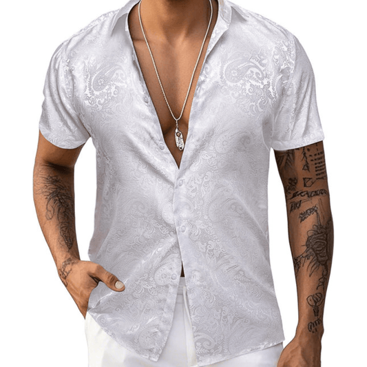 Barry. Wang Mens White Button Down Shirt Paisley Jacquard Casual Short Sleeve Shirt