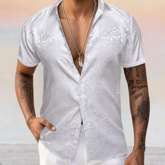 Barry. Wang White Short Sleeve Shirt for Men Silk Summer Casual Dress Shirt