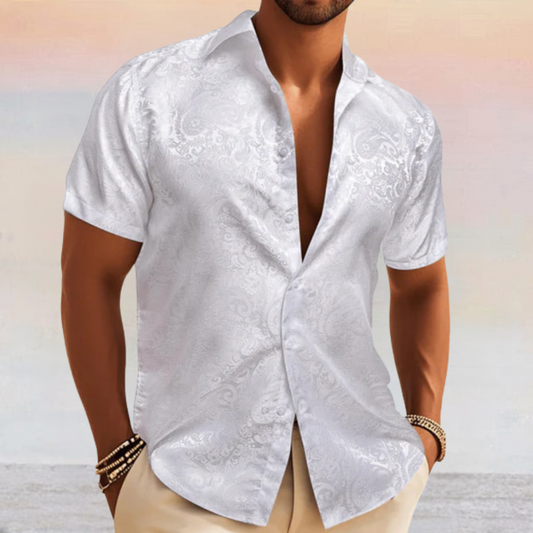 Barry. Wang White Short Sleeve Shirt for Men Silk Summer Casual Dress Shirt