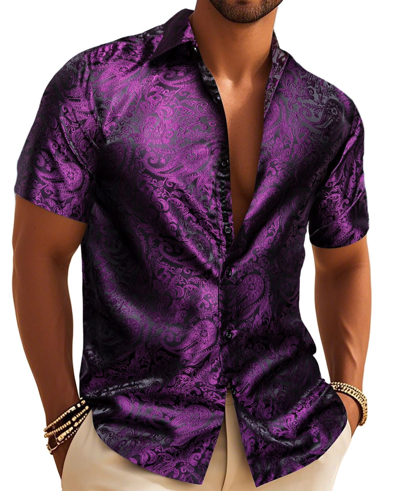 Barry. Wang Purple Silk Paisley Short Sleeve Daily Slim Fit Men's Shirt