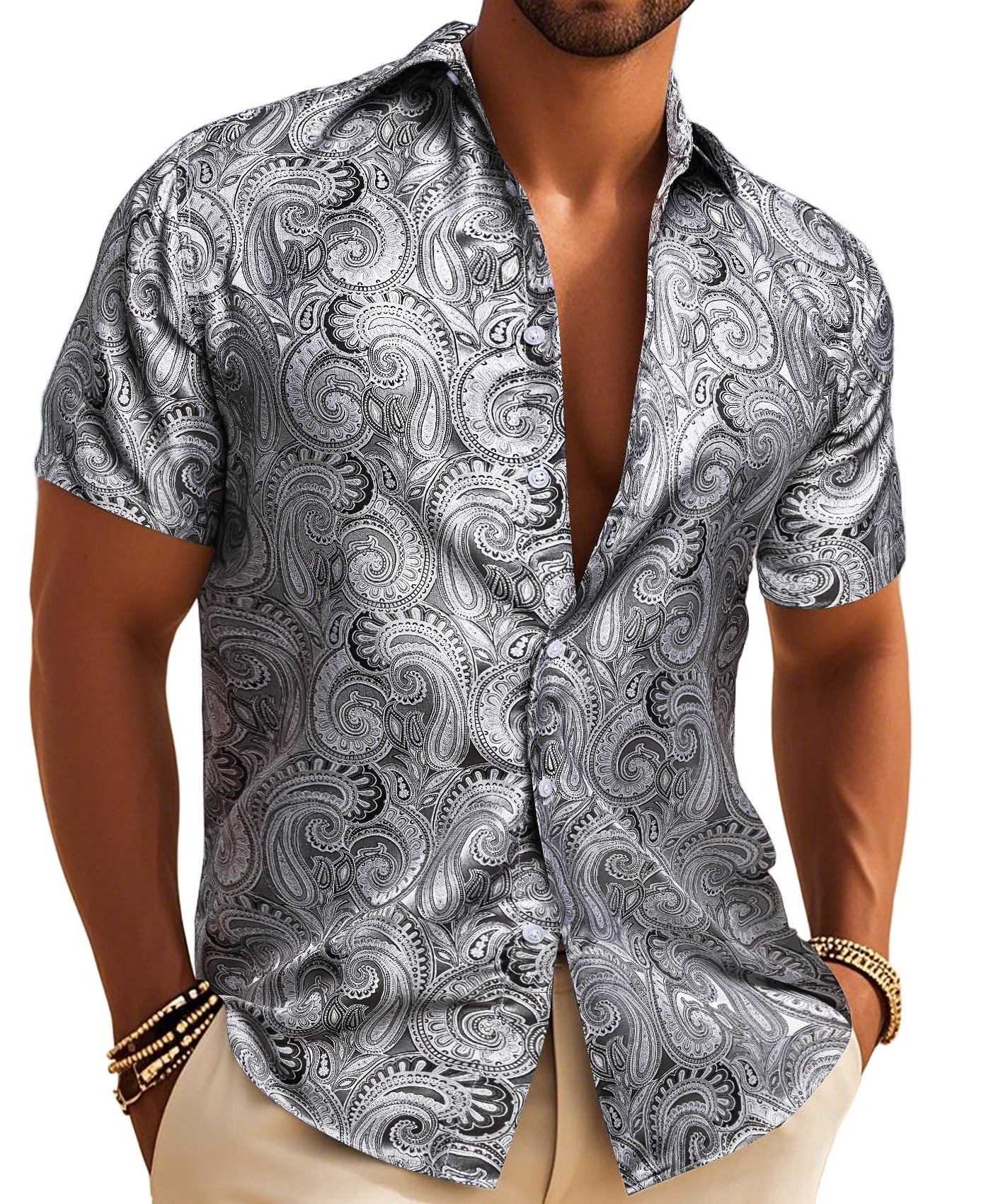 Barry. Wang Silver Silk Paisley Tribal Short Sleeve Daily Slim Fit Men's Shirt