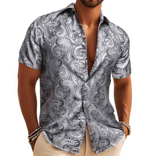 Barry. Wang Silver Silk Paisley Tribal Short Sleeve Daily Slim Fit Men's Shirt