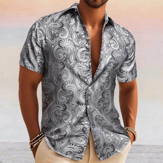 Barry. Wang Silver Paisley Short Sleeve Shirt Mens Jacquard Summer Dress Shirt