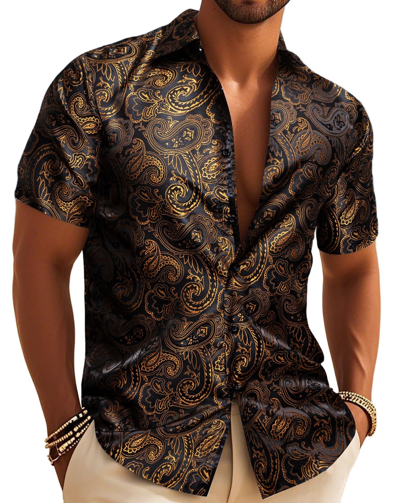 Barry. Wang Men's Shirt Black Golden Silk Paisley Short Sleeve Shirt