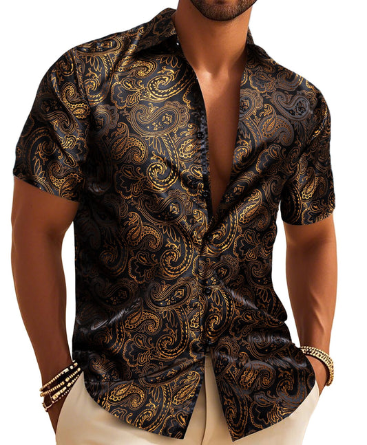 Barry. Wang Gold Casual Shirt for Men Paisley Short Sleeve Button Down Shirt