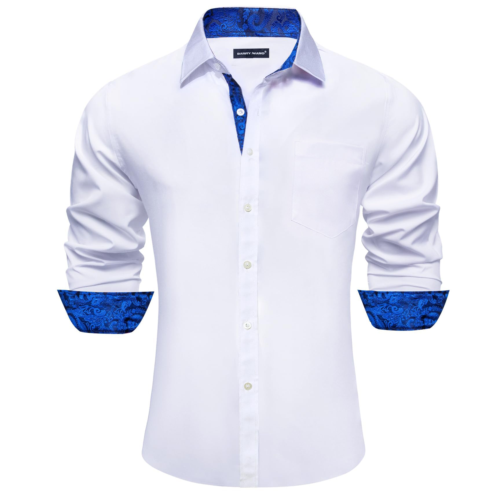 Barry. Wang Mens White Royal Blue Splicing Shirt Long Sleeve Formal Shirt for Wedding