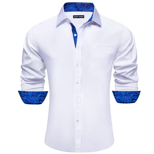 Barry. Wang Mens White Royal Blue Splicing Shirt Long Sleeve Formal Shirt for Wedding