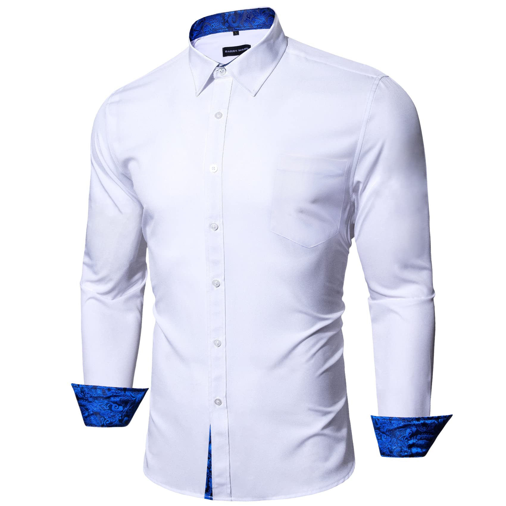 Barry. Wang Mens White Royal Blue Splicing Shirt Long Sleeve Formal Shirt for Wedding