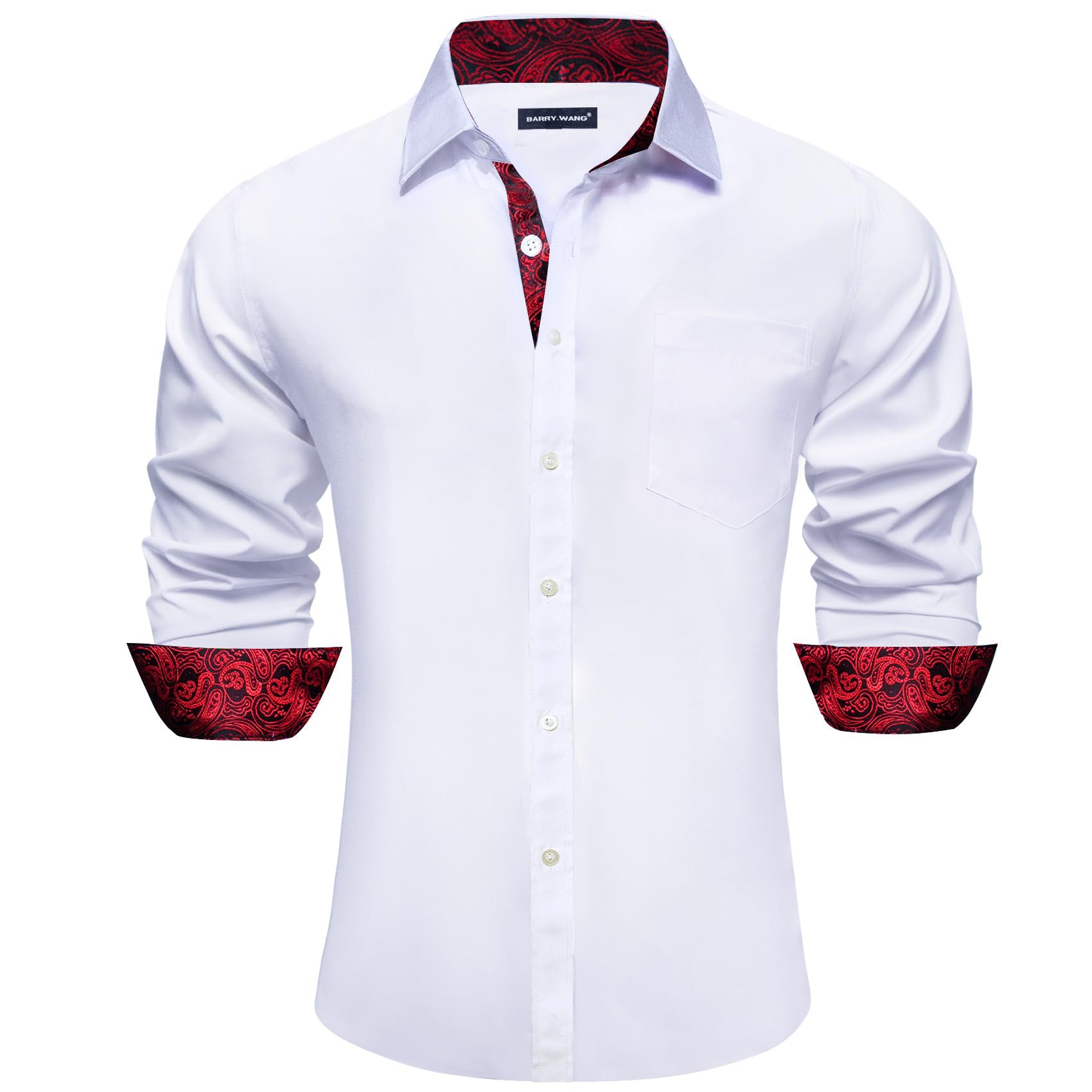 Barry. Wang Mens White Burgundy Splicing Dress Shirt Long Sleeve Button Down Business Shirt