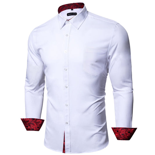 Barry. Wang Mens White Burgundy Splicing Dress Shirt Long Sleeve Button Down Business Shirt