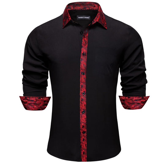 Barry. Wang Mens Black Red Splicing Shirt Long Sleeve Formal Shirt for Party