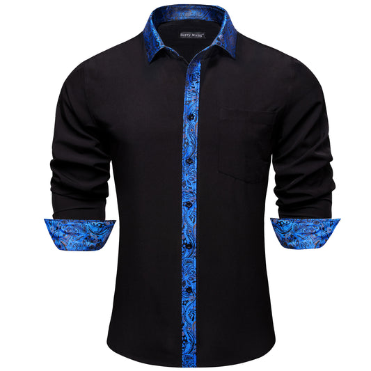 Barry. Wang Black Royal Blue Splicing Shirt Formal Long Sleeve Button Down Shirt