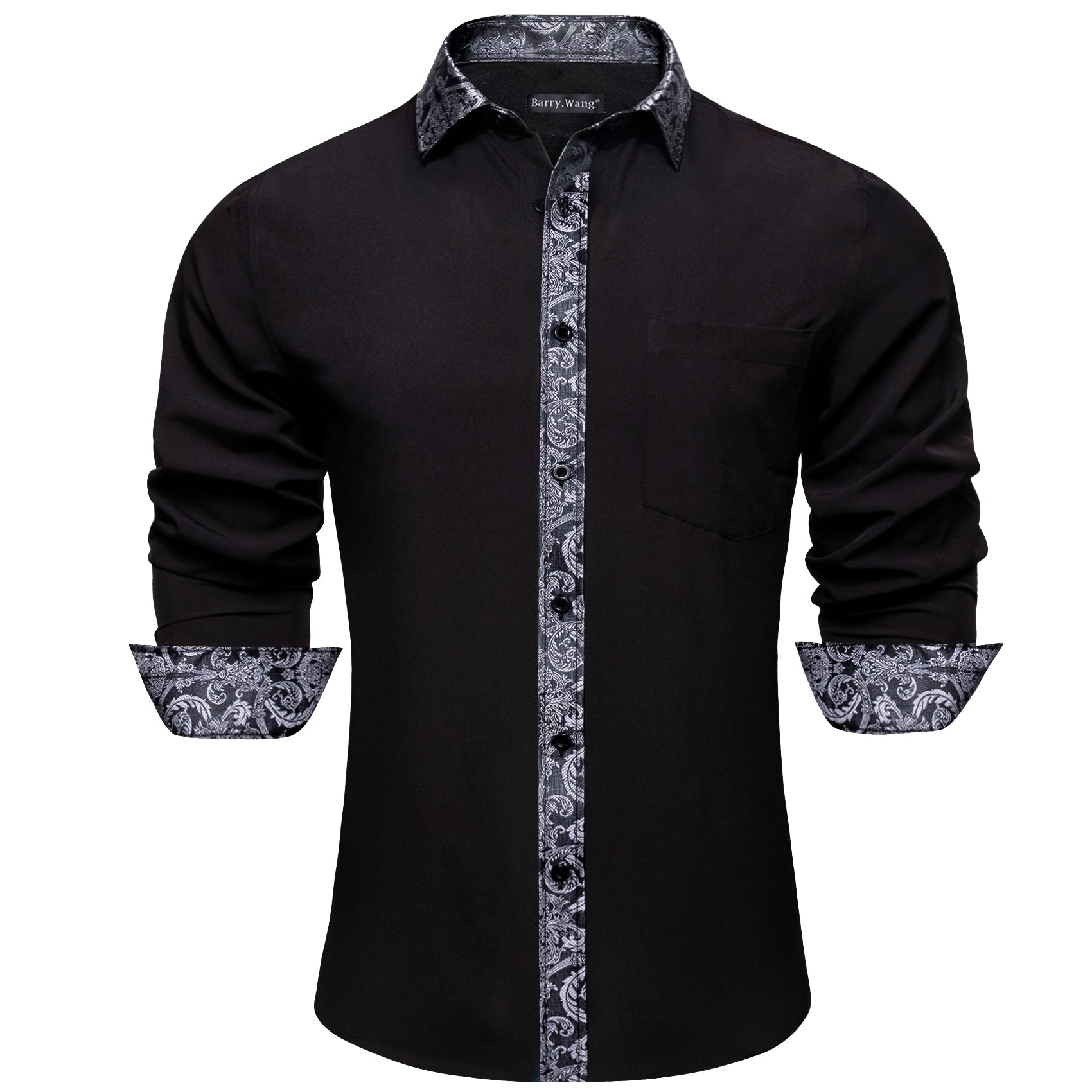 Barry. Wang Mens Black Grey Splicing Shirt Long Sleeve Formal Shirt for Party
