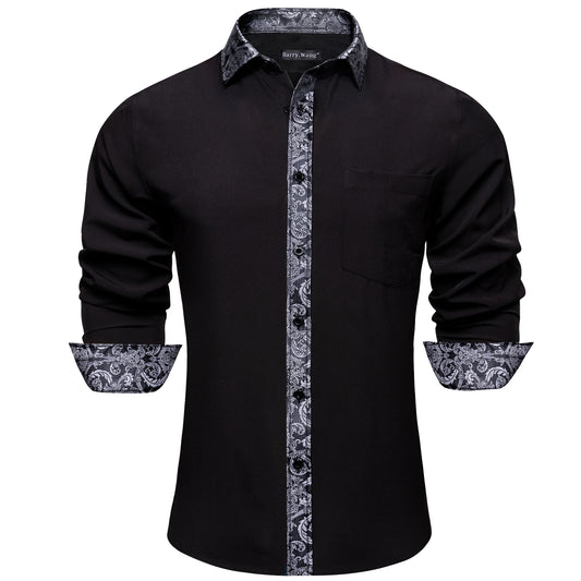 Barry. Wang Mens Black Grey Splicing Shirt Long Sleeve Formal Shirt for Party