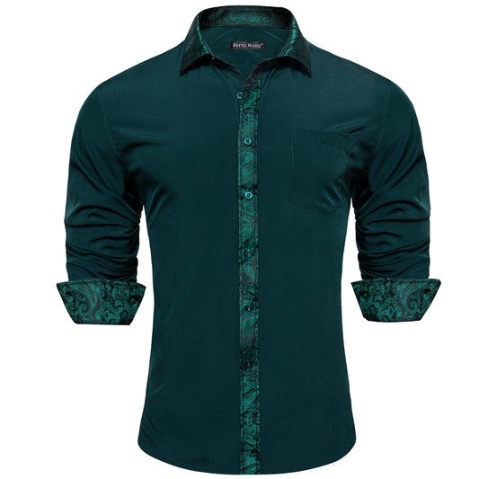 Barry. Wang Hunter Green Splicing Shirt Mens Silk Long Sleeve Button Down Casual Shirt