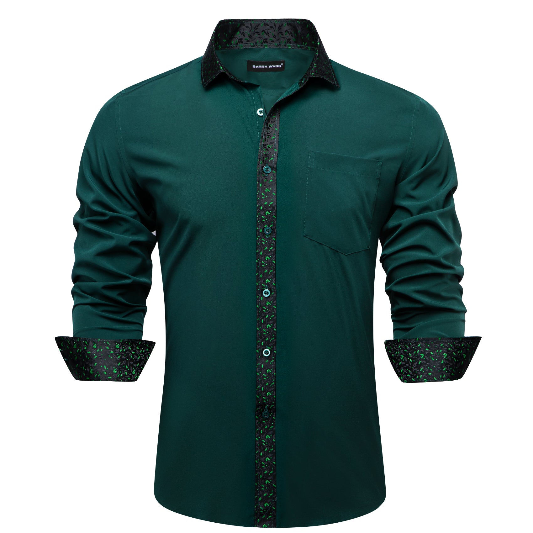 Barry Wang Dark Green Shirt Splicing Men’s Business Button Down Shirt