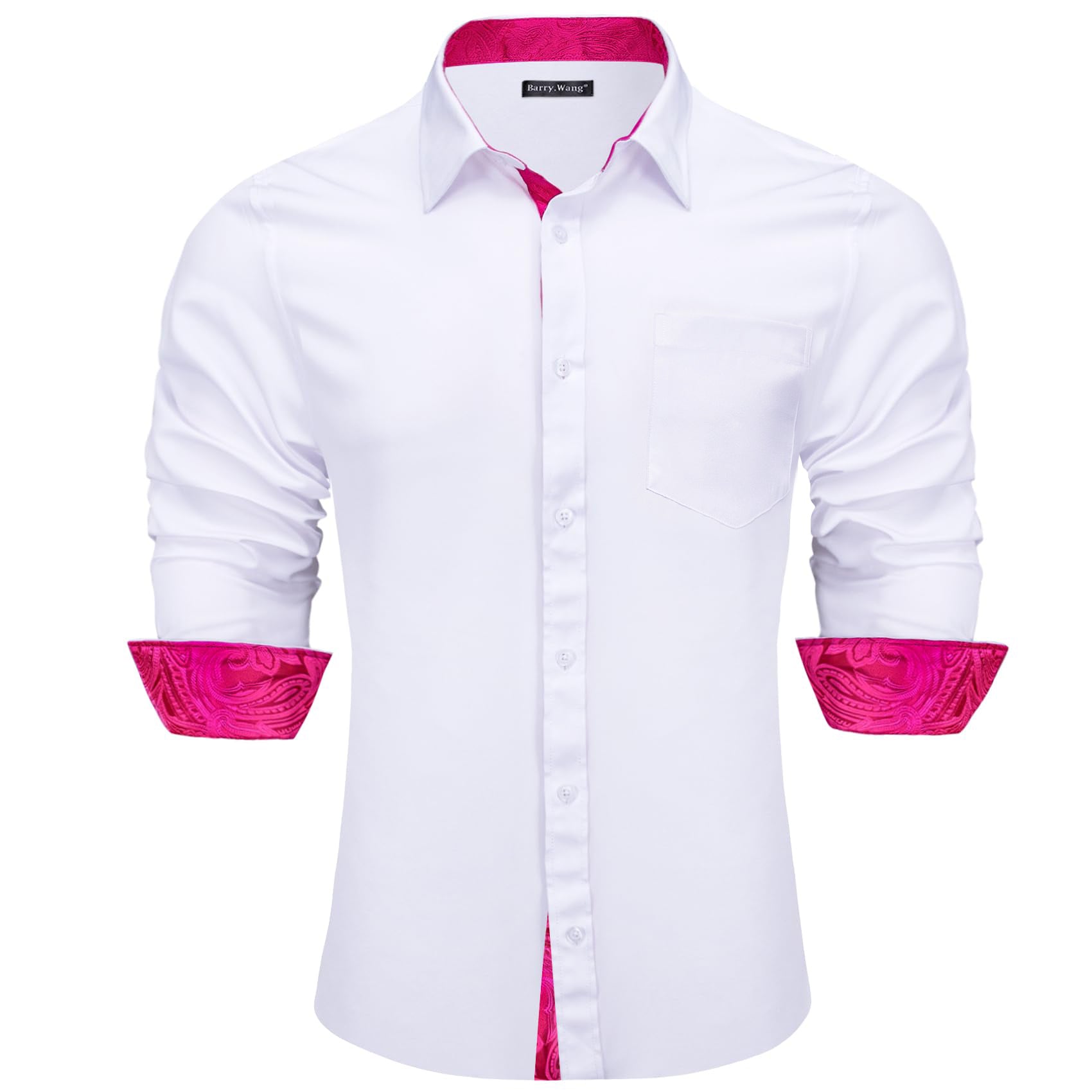 Barry. Wang Mens White Fuchsia Pink Splicing Shirt Long Sleeve Formal Shirt for Wedding