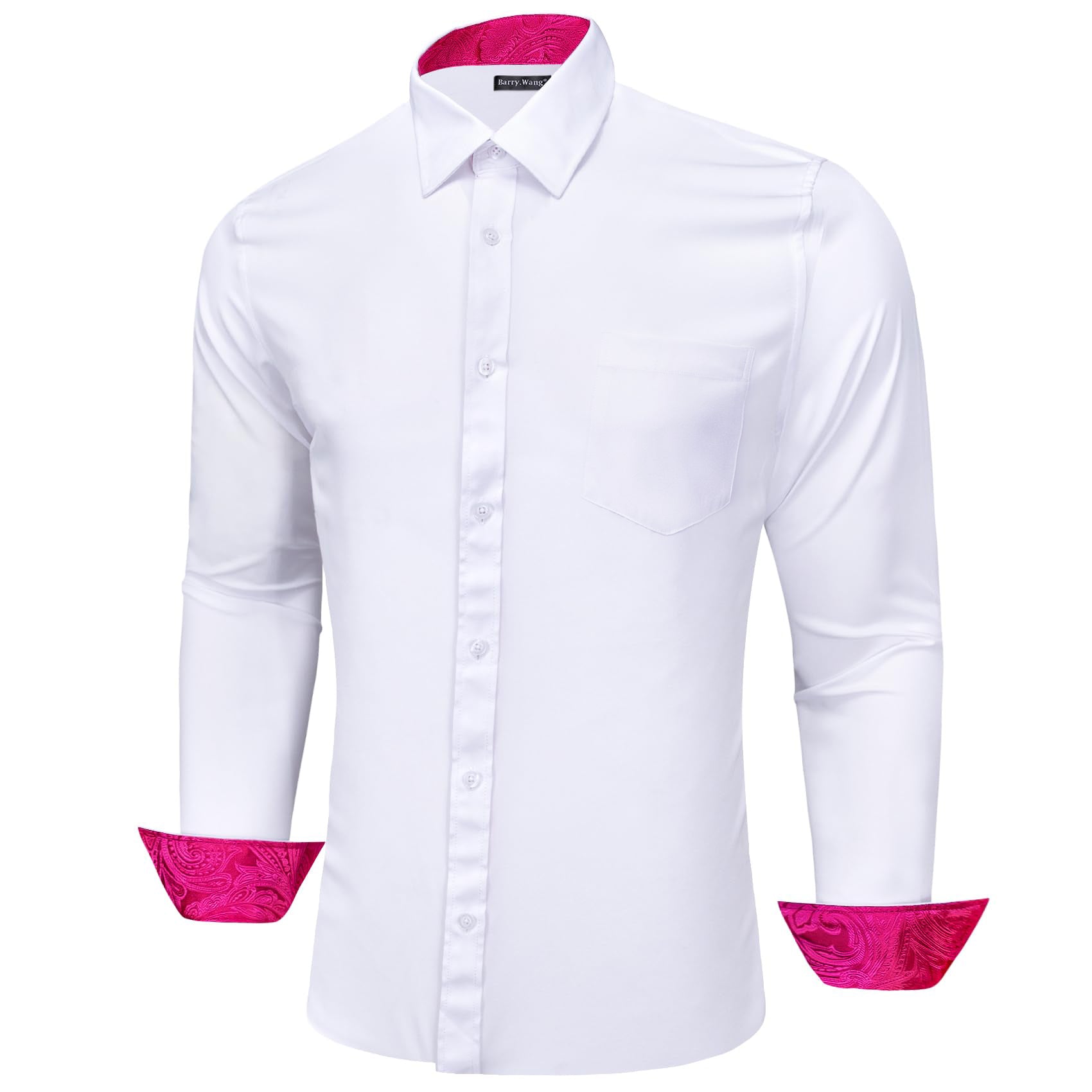 Barry. Wang Mens White Fuchsia Pink Splicing Shirt Long Sleeve Formal Shirt for Wedding