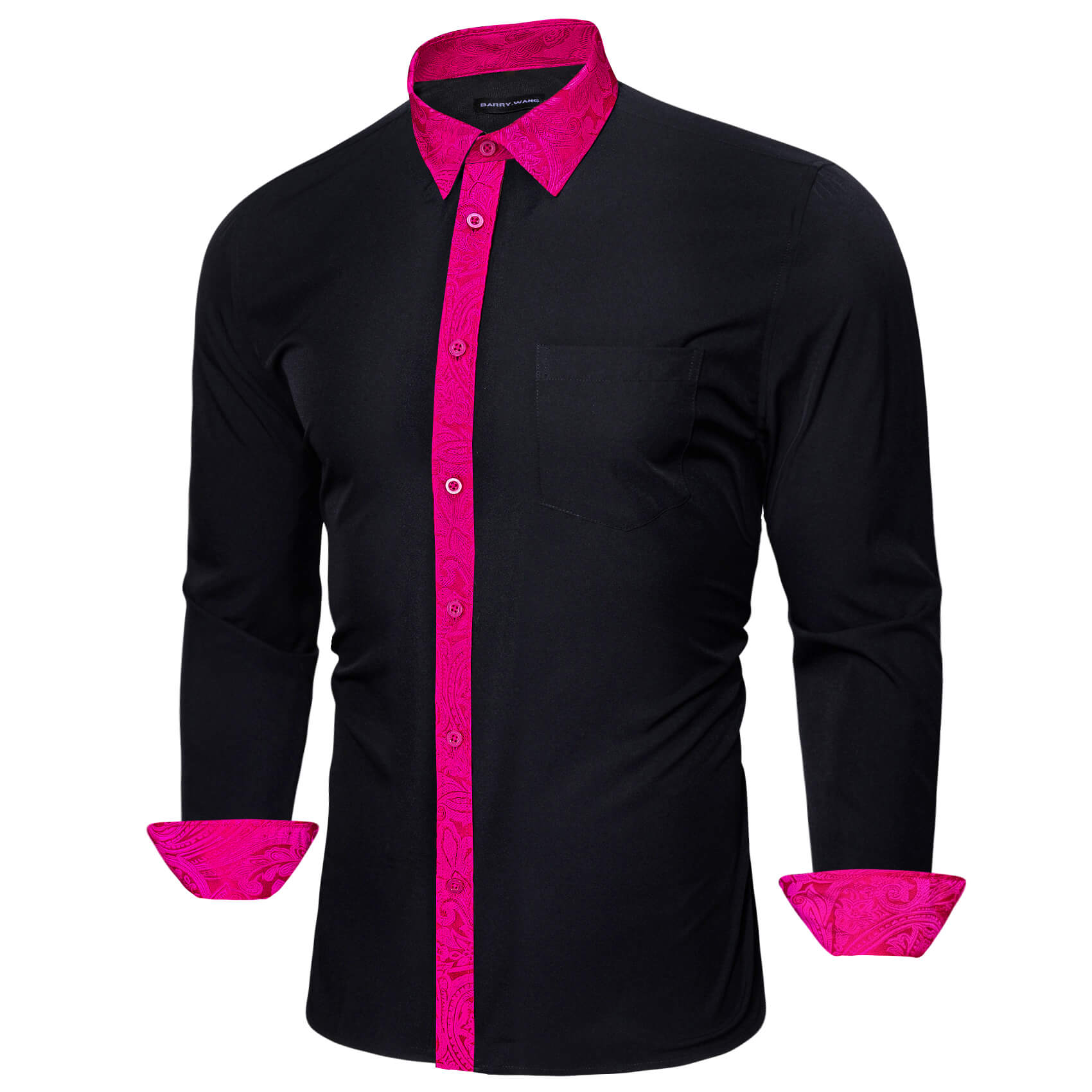 Barry.wang Buttoned Down Shirt Black Rose Pink Paisley Splicing Men's Long Sleeve Shirt