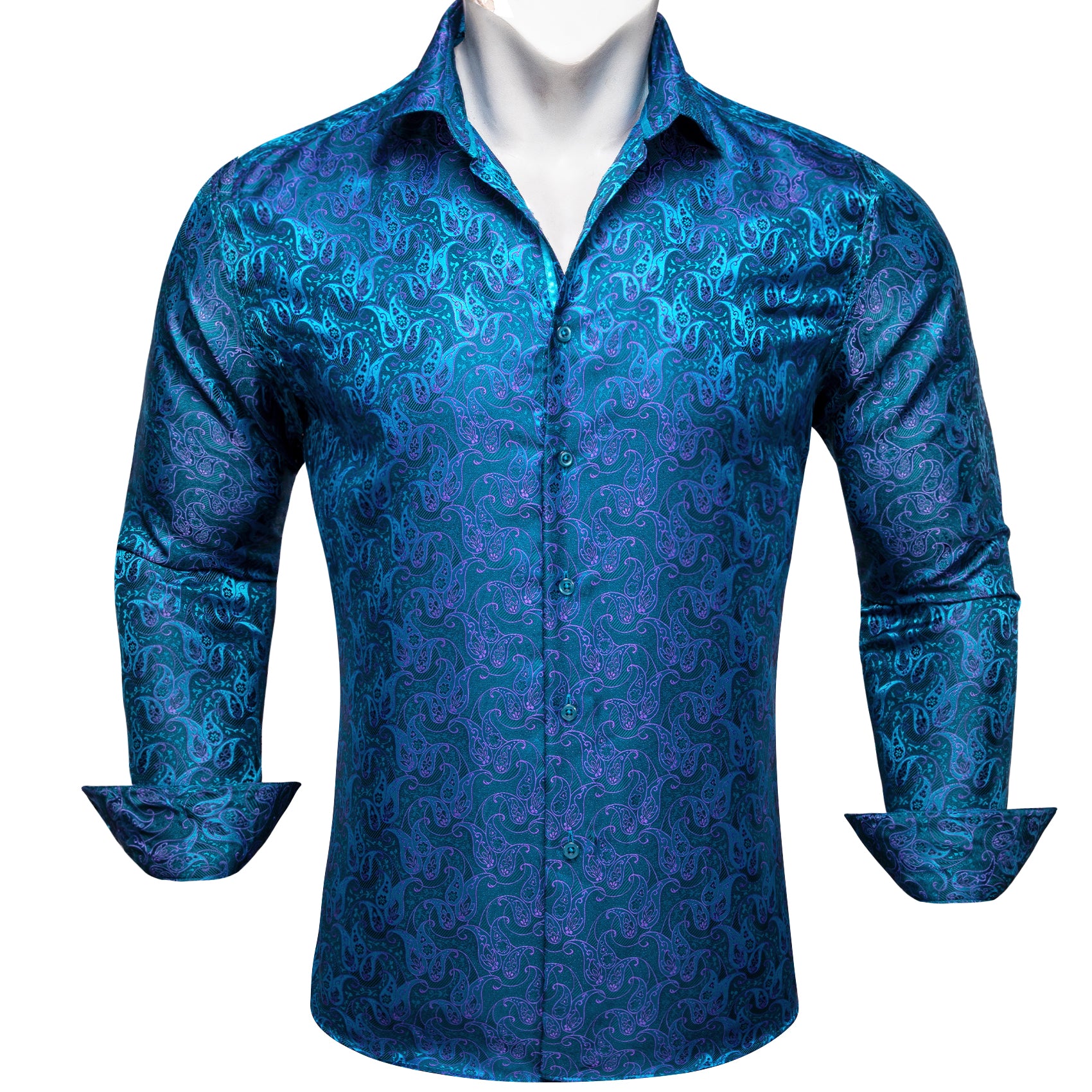 Barry.wang Fashion Blue Purple Paisley Silk Men's Shirt