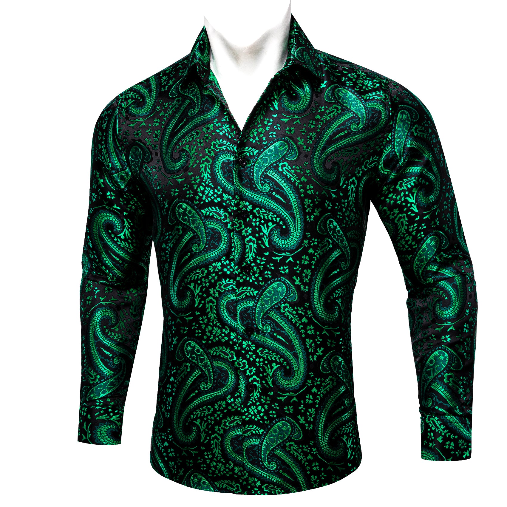 Barry.wang Dark Green Paisley Silk Men's Shirt