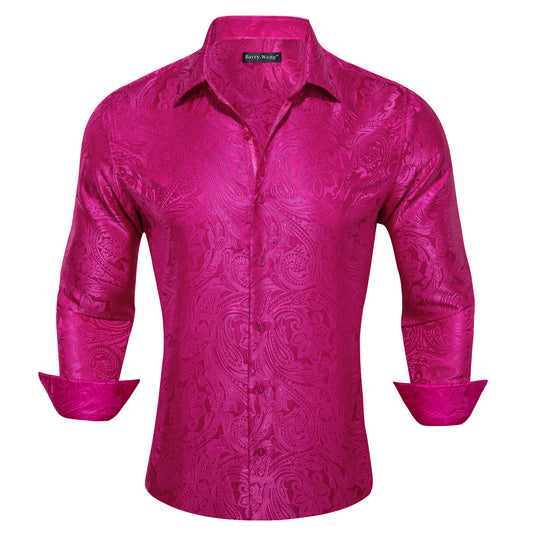 Barry. Wang Mens Fuchsia Pink Western Shirts Paisley Long Sleeve Button Down Dress Shirt