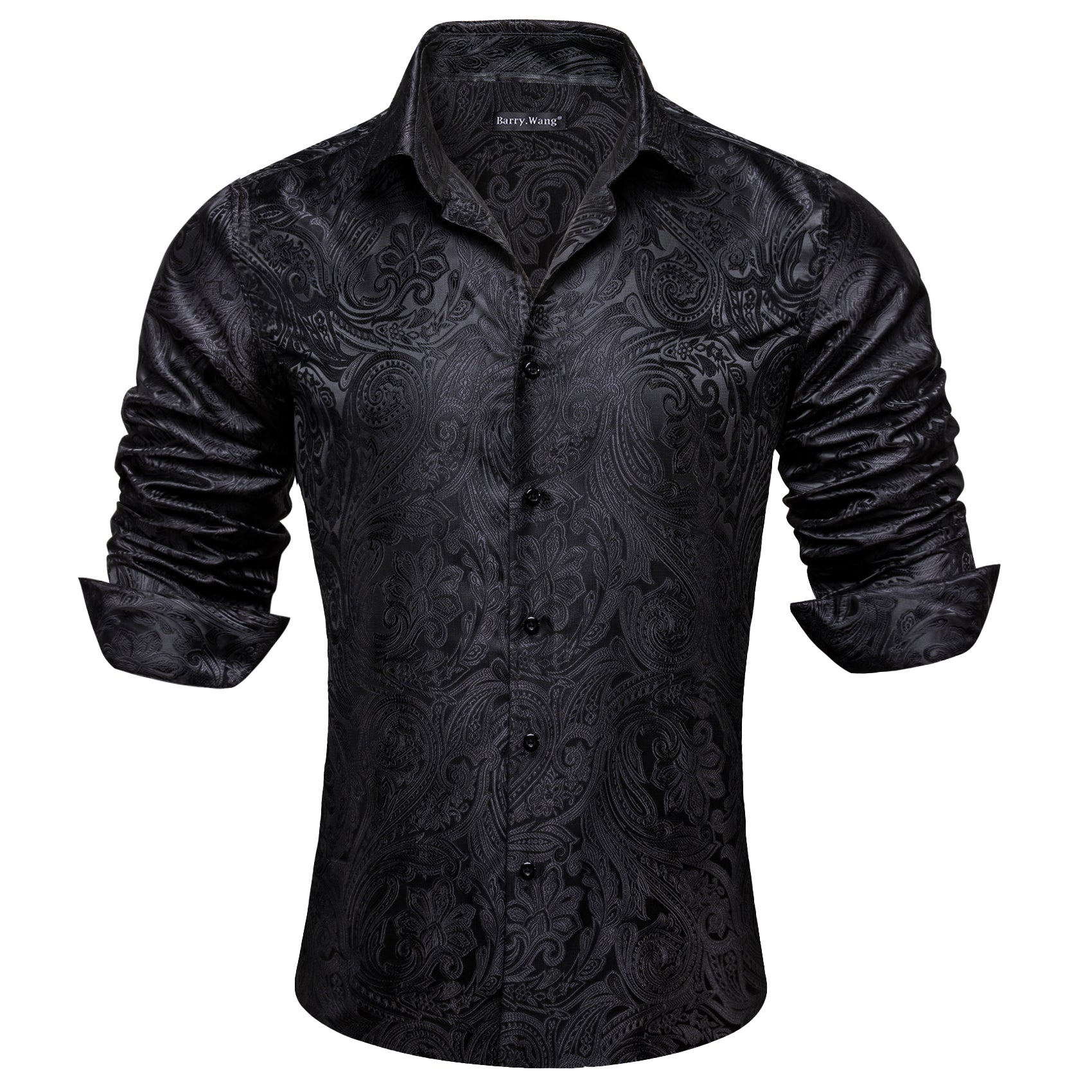 Wang Mens Western Shirt Casual Black Paisley Jacquard Long Slee