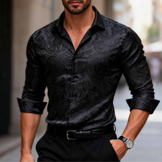 Barry. Wang Mens Western Shirt Casual Black Paisley Jacquard Long Sleeve Button Down Shirt