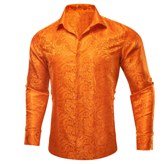 Barry. Wang Orange Wedding Shirt for Men Silk Paisley Jacquard Long Sleeve Evening Formal Shirt Silm Fit