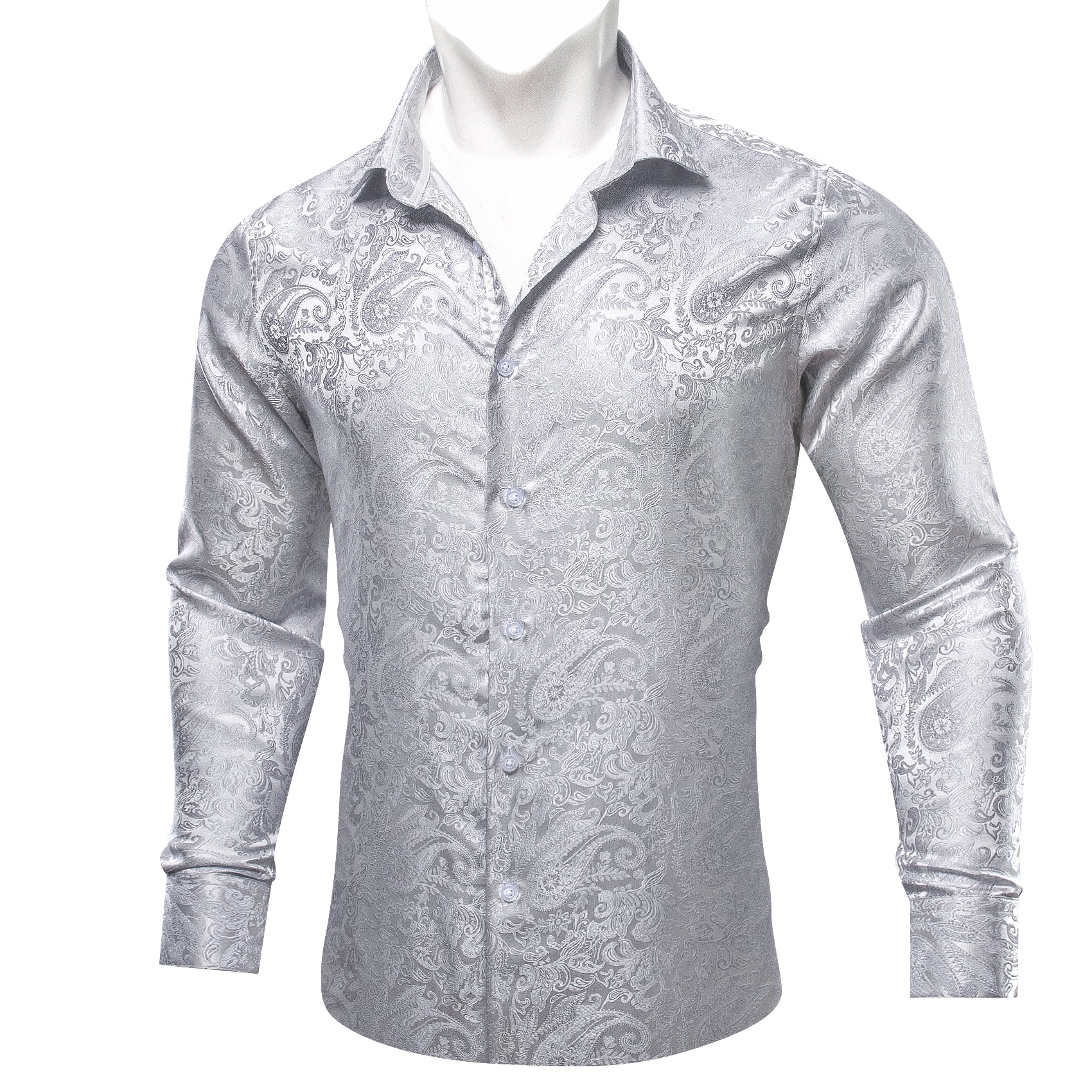 Barry.wang Grey White Paisley Men's Silk Shirt